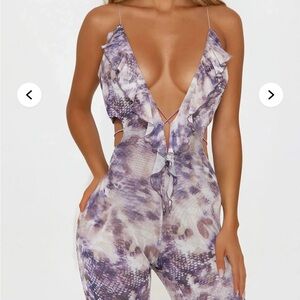 Fashion Nova Beautiful Prophecy Mesh Halter Lavender Patterned Jumpsuit